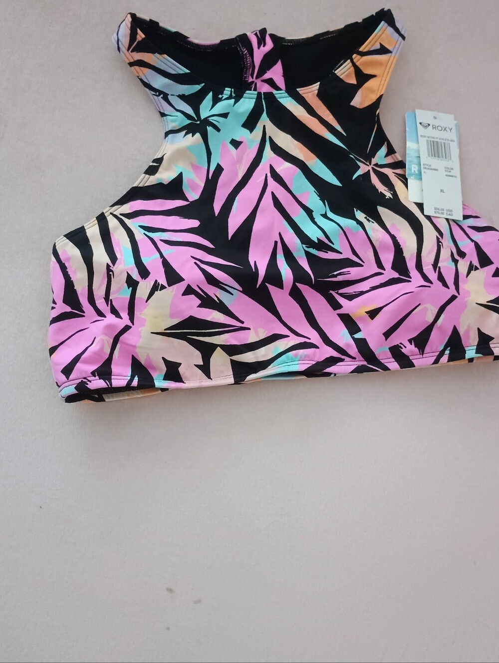 Roxy High Neck Tropical Print Swim Top - Pink/Black - Picture 4 of 5
